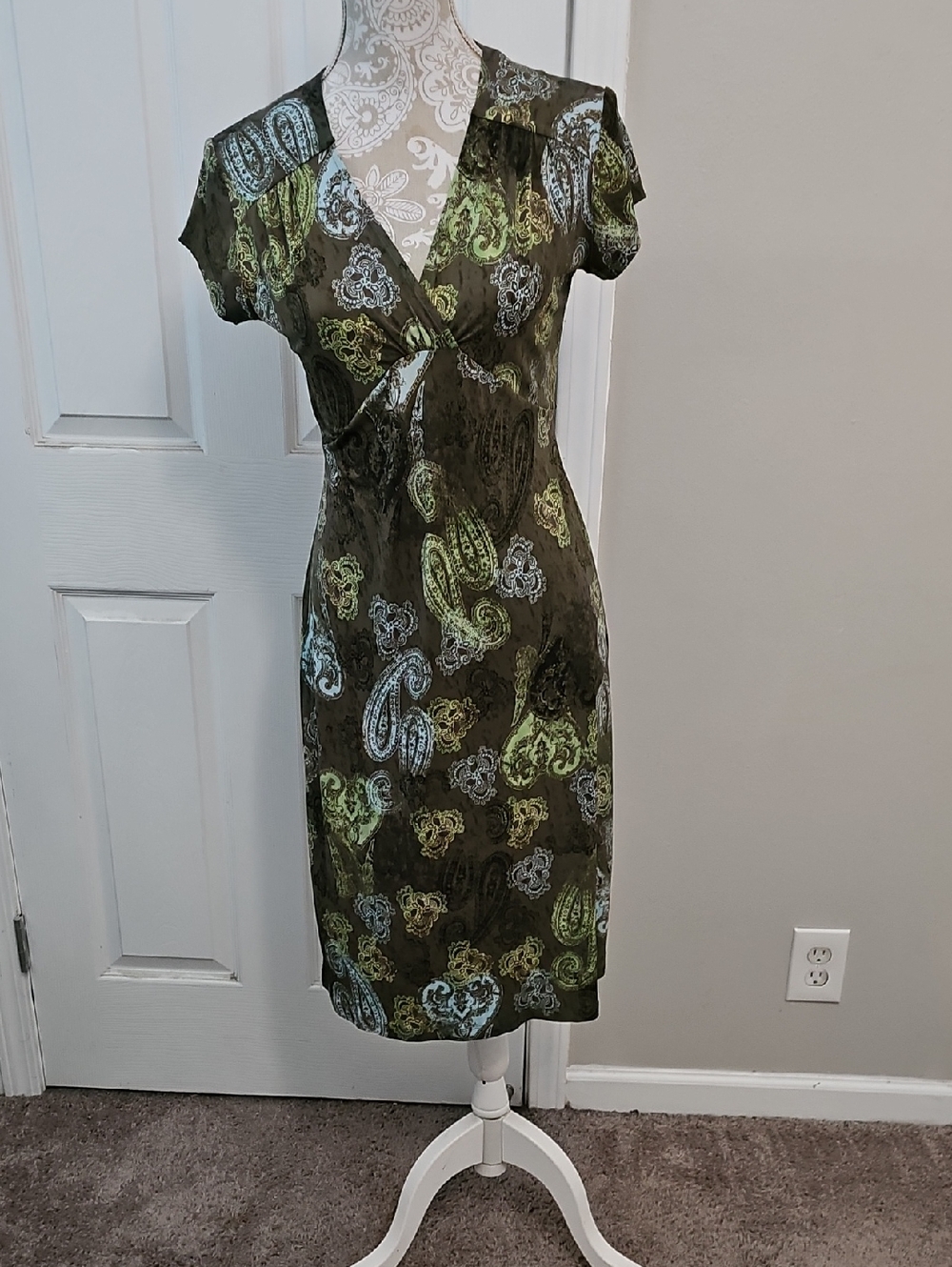 Axcess Olive Paisley V-Neck Midi Dress with Green and Light Blue Accents